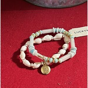 NWT Lucky Brand Beaded Bracelet Set White Shells & Blue Beads Stretch #LBR2